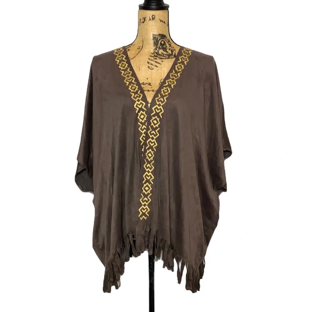 Brown Tassel Embroidery Open Front Boho Coverup M